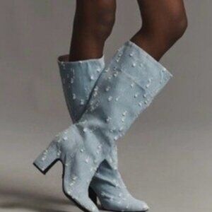 NEW Cecelia New York size 6.5 DENIM JEAN Blue Embossed Knee-High boots